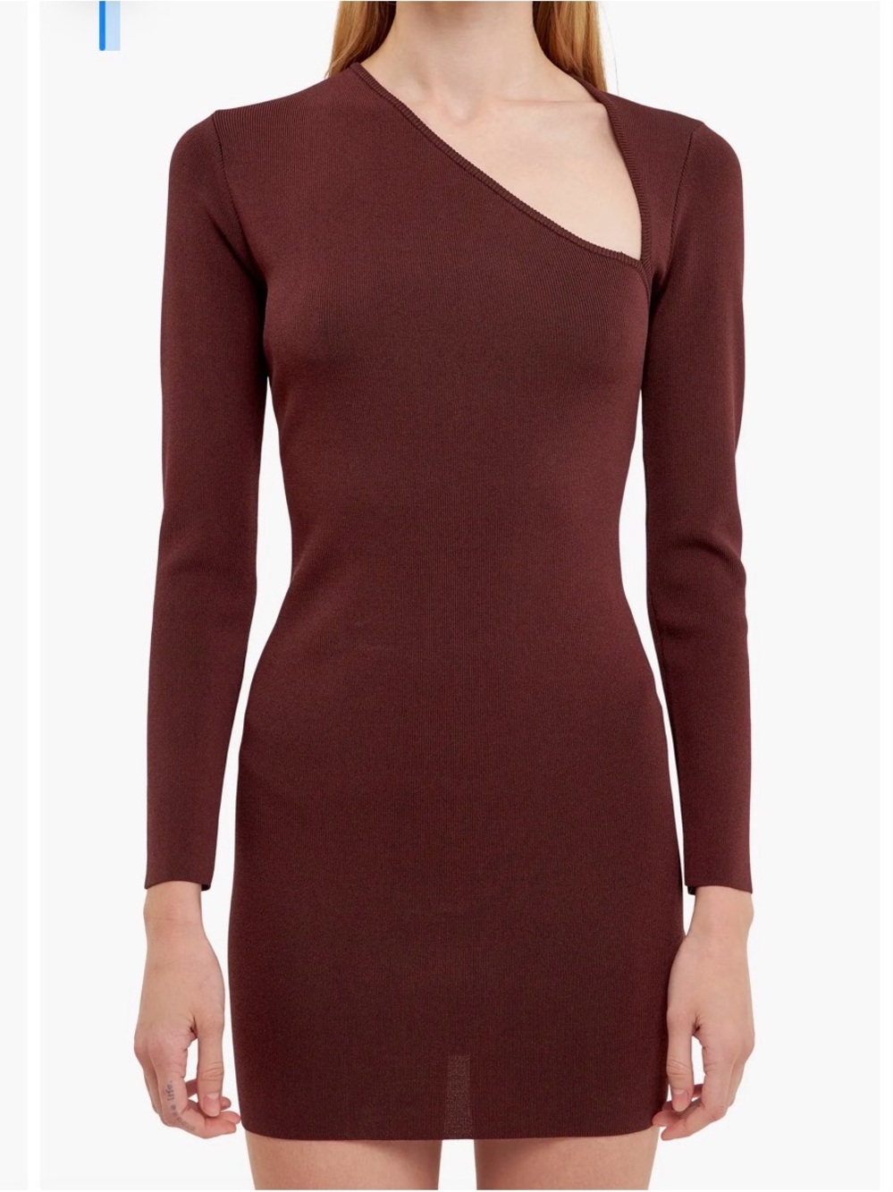 Endless Rose Asymmetric Neck Long-Sleeve Mini Dress in Deep Brown